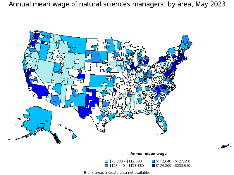 Map of annual mean wages of natural sciences managers by area, May 2023