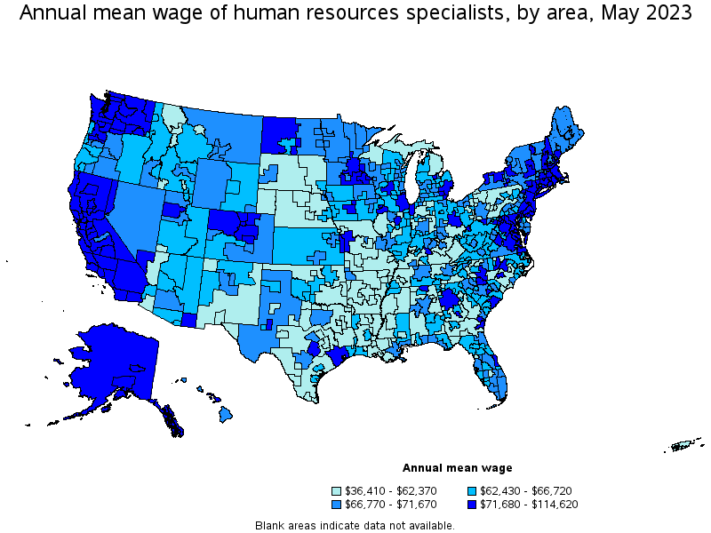 Map of annual mean wages of human resources specialists by area, May 2022