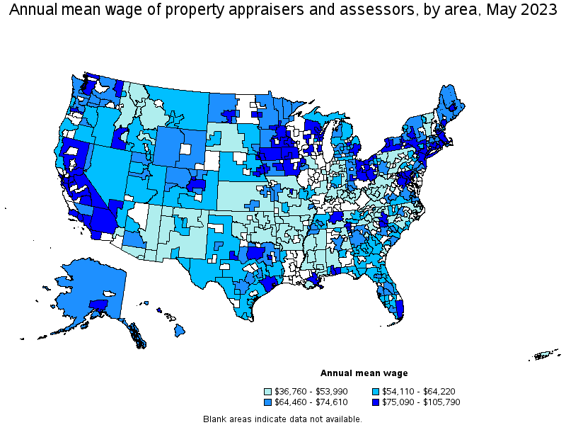 Map of annual mean wages of property appraisers and assessors by area, May 2023