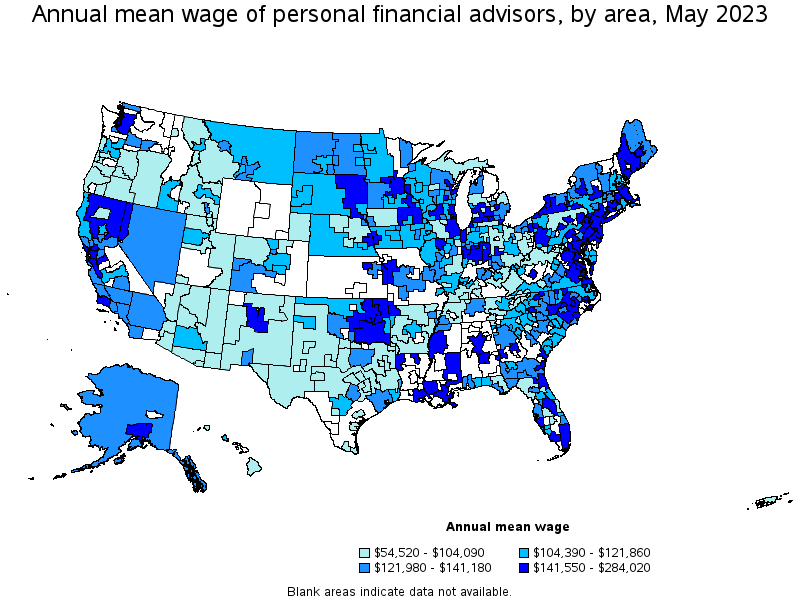 Map of annual mean wages of personal financial advisors by area, May 2023