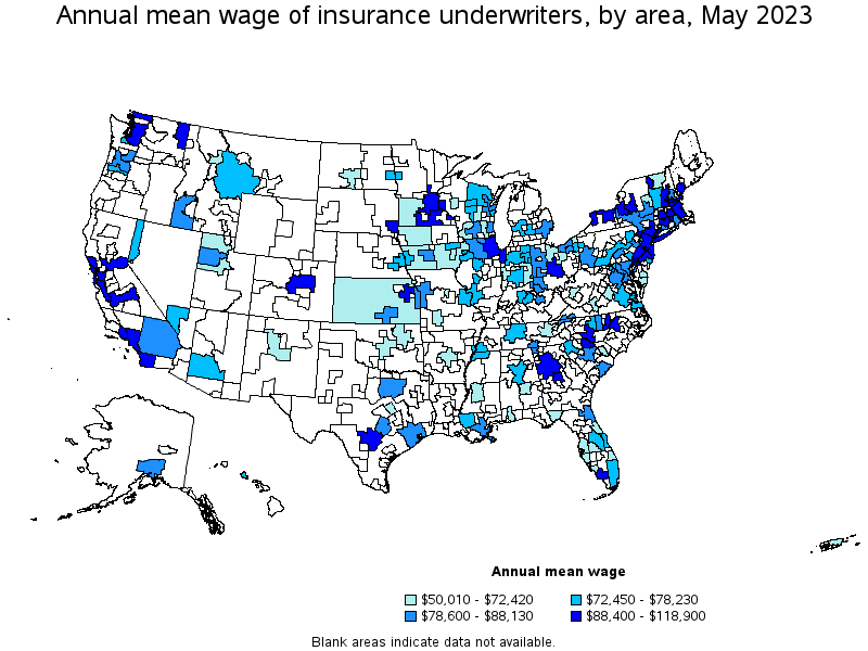 Map of annual mean wages of insurance underwriters by area, May 2023