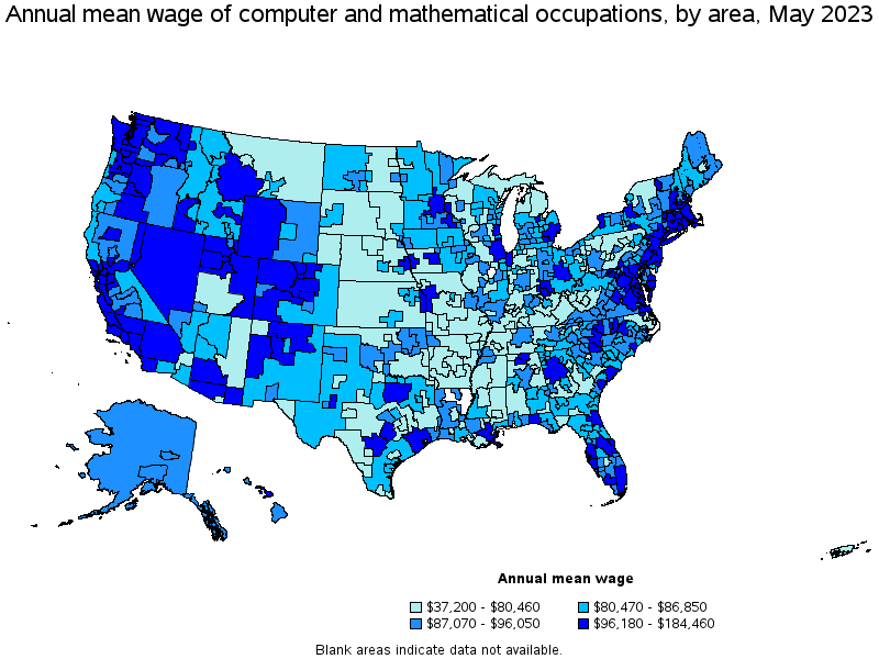 Map of annual mean wages of computer and mathematical occupations by area, May 2023