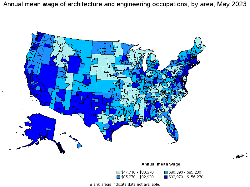 Map of annual mean wages of architecture and engineering occupations by area, May 2023