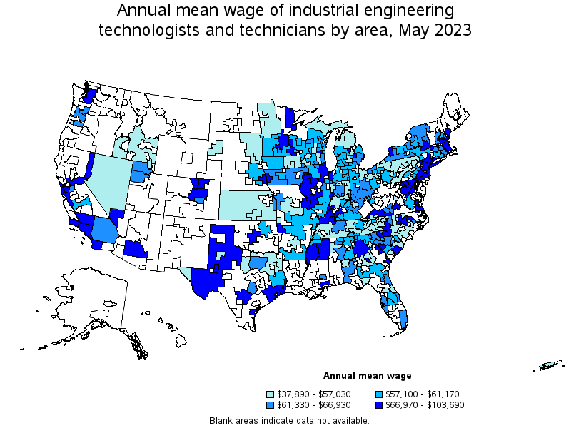 Map of annual mean wages of industrial engineering technologists and technicians by area, May 2023