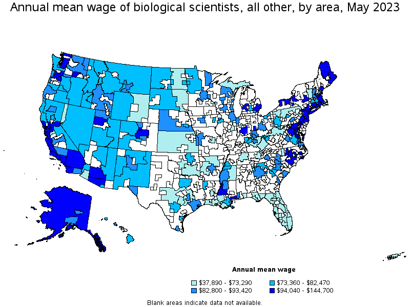 Map of annual mean wages of biological scientists, all other by area, May 2023