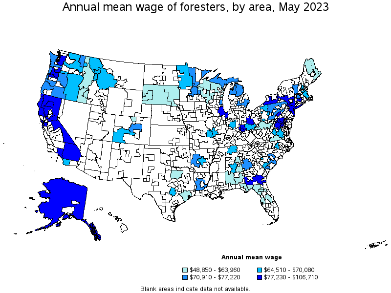 Map of annual mean wages of foresters by area, May 2023