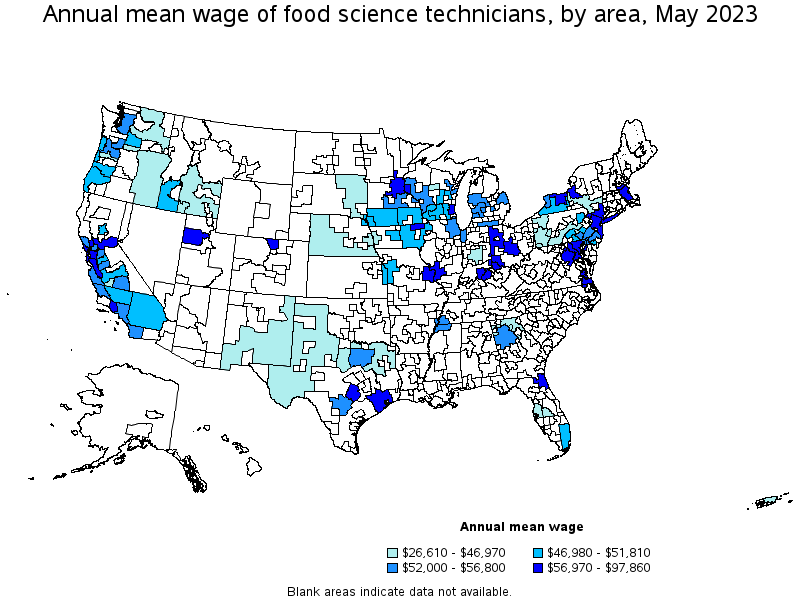Map of annual mean wages of food science technicians by area, May 2023