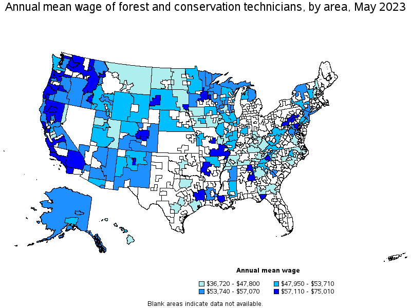 Map of annual mean wages of forest and conservation technicians by area, May 2023