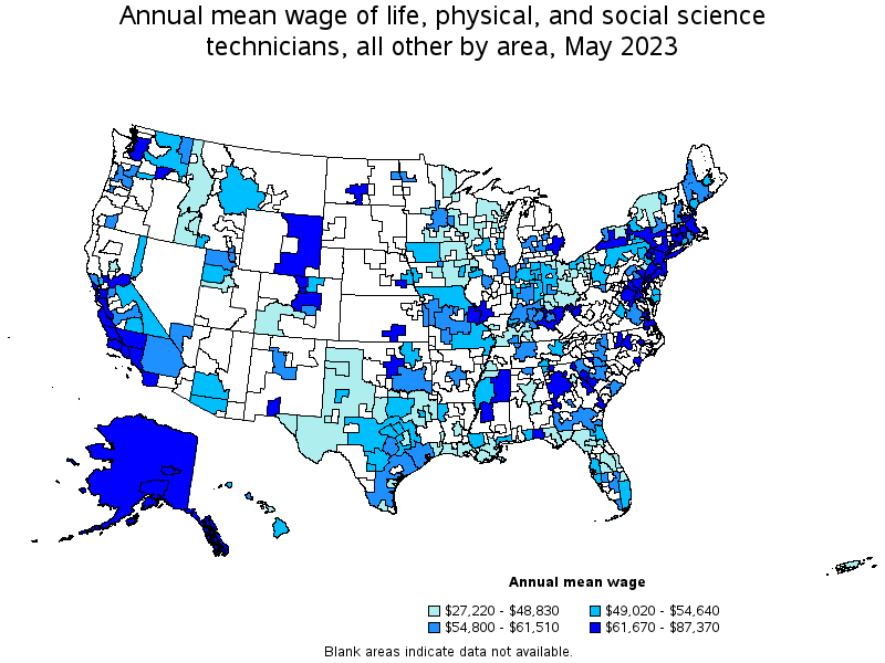 Map of annual mean wages of life, physical, and social science technicians, all other by area, May 2023