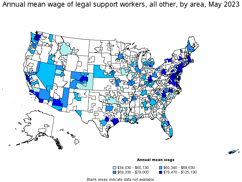 Map of annual mean wages of legal support workers, all other by area, May 2023