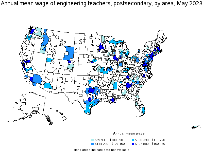 Map of annual mean wages of engineering teachers, postsecondary by area, May 2023