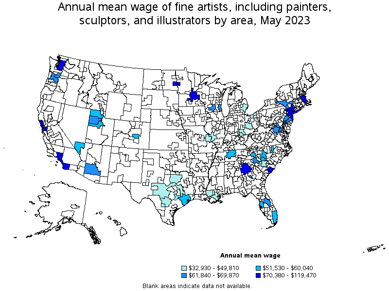 Map of annual mean wages of fine artists, including painters, sculptors, and illustrators by area, May 2023