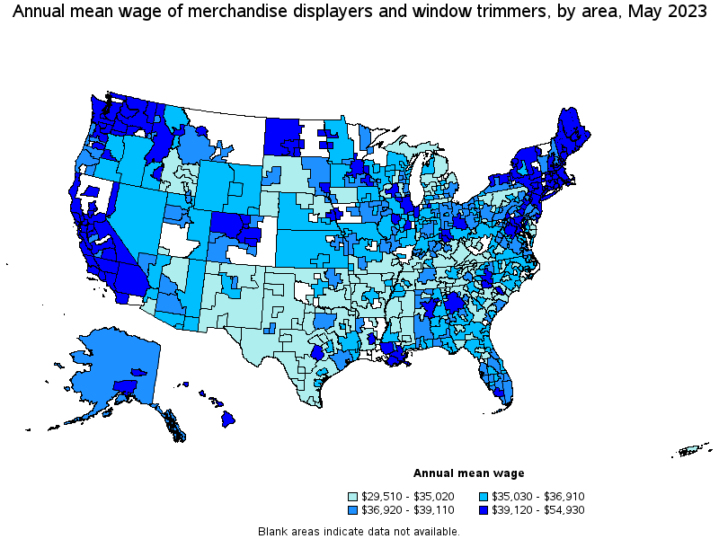 Map of annual mean wages of merchandise displayers and window trimmers by area, May 2023