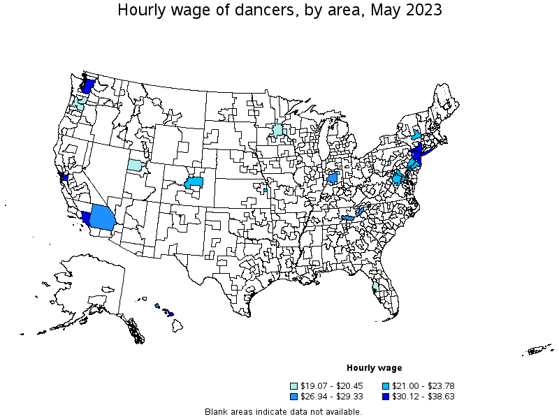 Map of annual mean wages of dancers by area, May 2023