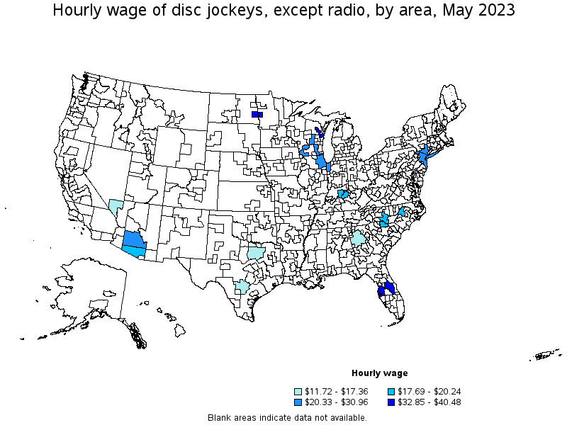 Map of annual mean wages of disc jockeys, except radio by area, May 2023