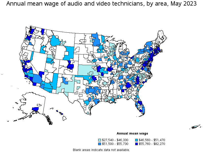Map of annual mean wages of audio and video technicians by area, May 2023