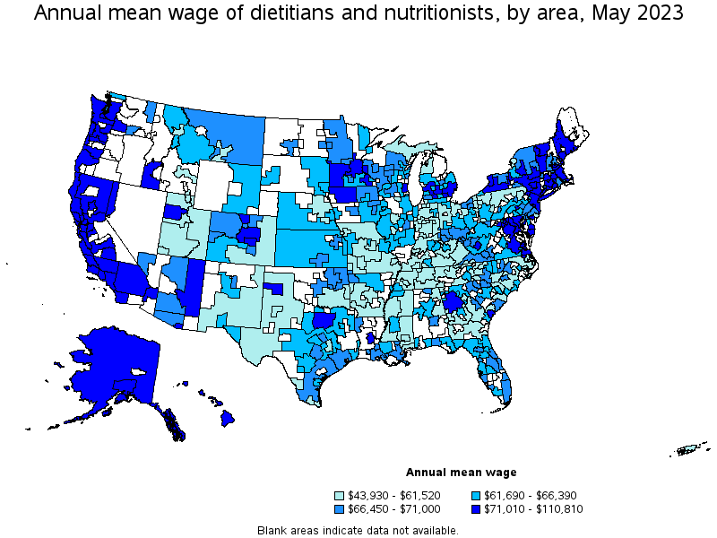 Map of annual mean wages of dietitians and nutritionists by area, May 2022
