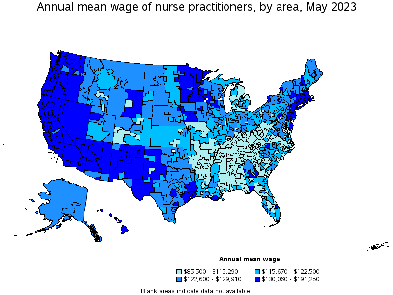 Map of annual mean wages of nurse practitioners by area, May 2023