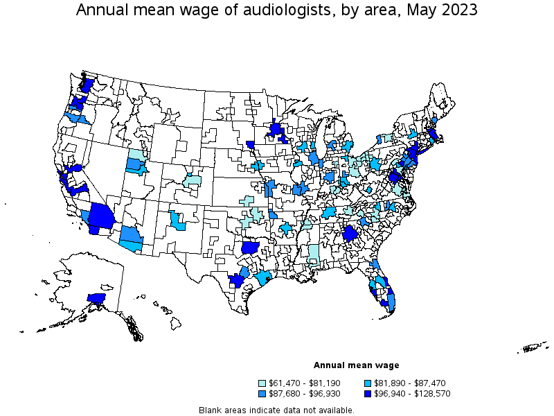 Map of annual mean wages of audiologists by area, May 2023