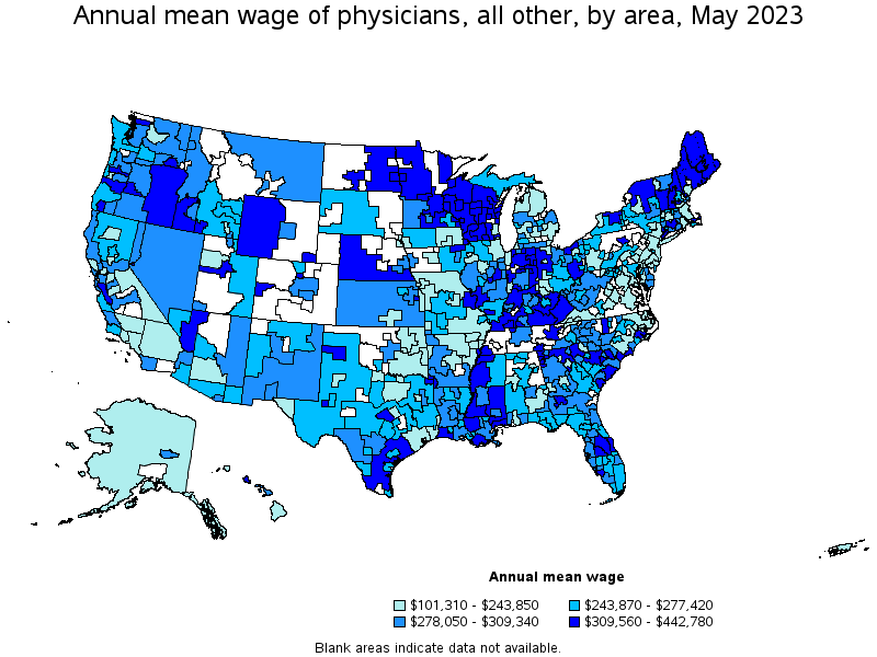 Map of annual mean wages of physicians, all other by area, May 2023