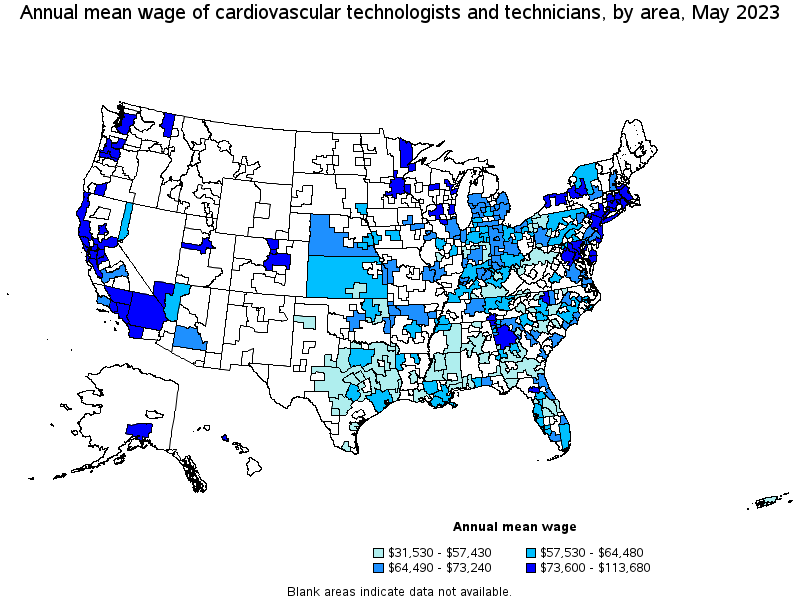 Map of annual mean wages of cardiovascular technologists and technicians by area, May 2023