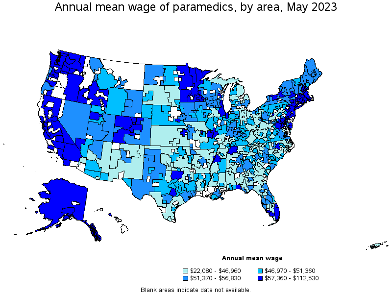 Map of annual mean wages of paramedics by area, May 2023