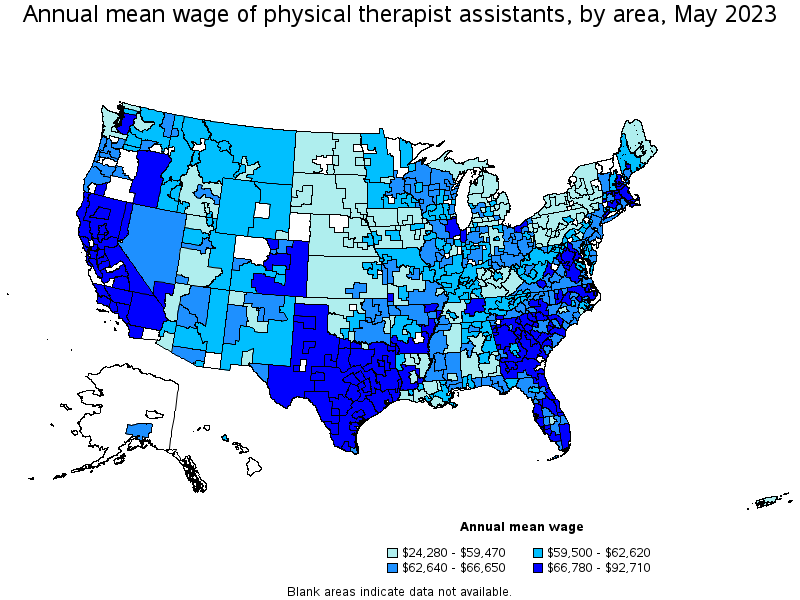 Map of annual mean wages of physical therapist assistants by area, May 2022