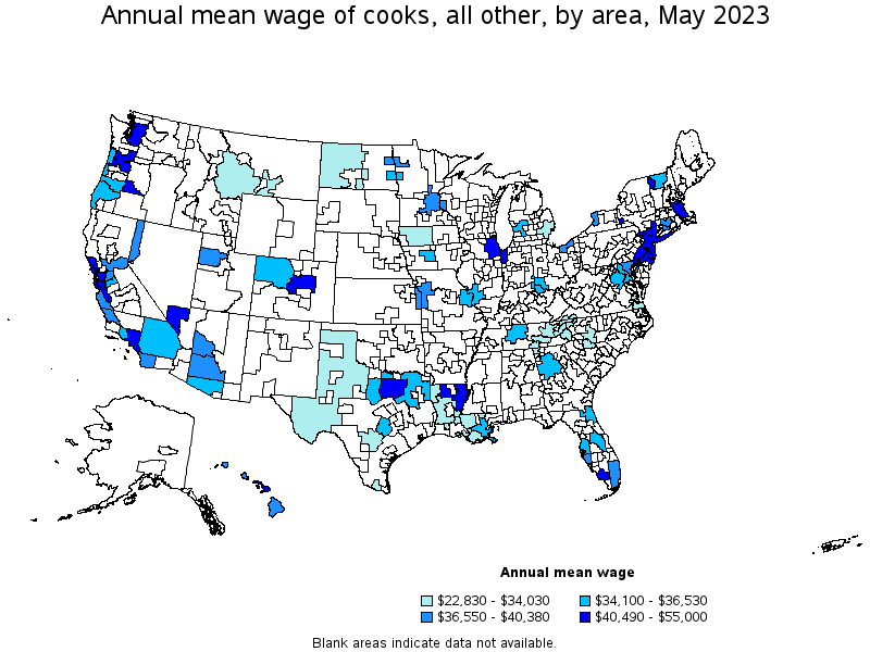 Map of annual mean wages of cooks, all other by area, May 2023