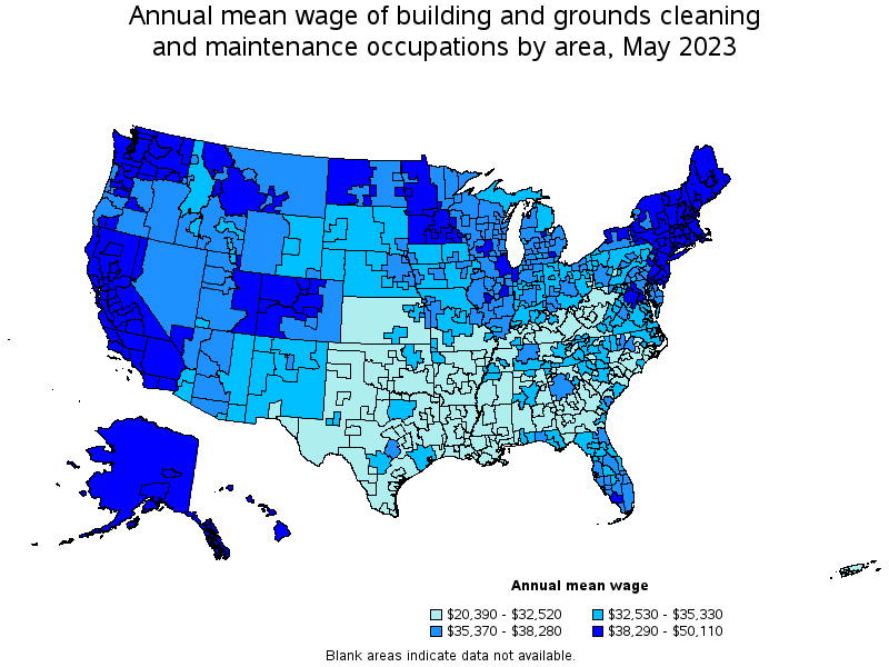 Map of annual mean wages of building and grounds cleaning and maintenance occupations by area, May 2023