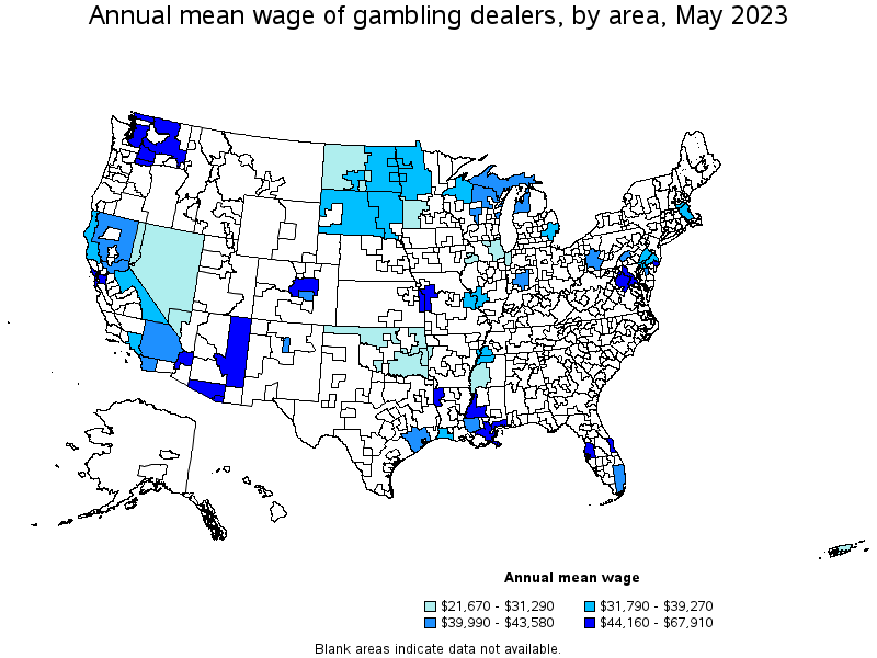 Map of annual mean wages of gambling dealers by area, May 2023