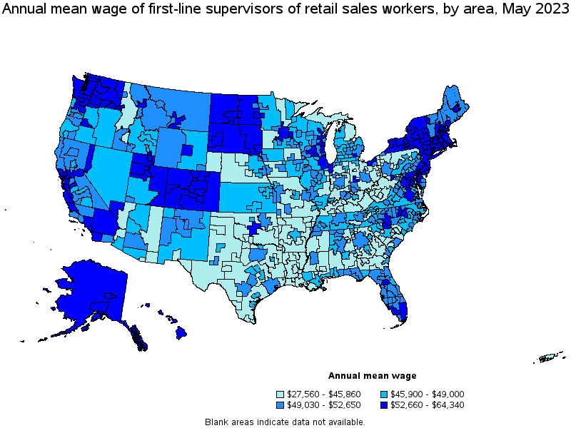 Map of annual mean wages of first-line supervisors of retail sales workers by area, May 2023