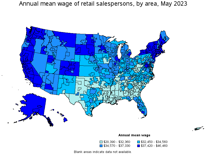 Map of annual mean wages of retail salespersons by area, May 2023