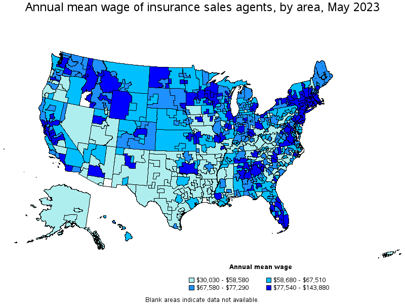Map of annual mean wages of insurance sales agents by area, May 2023
