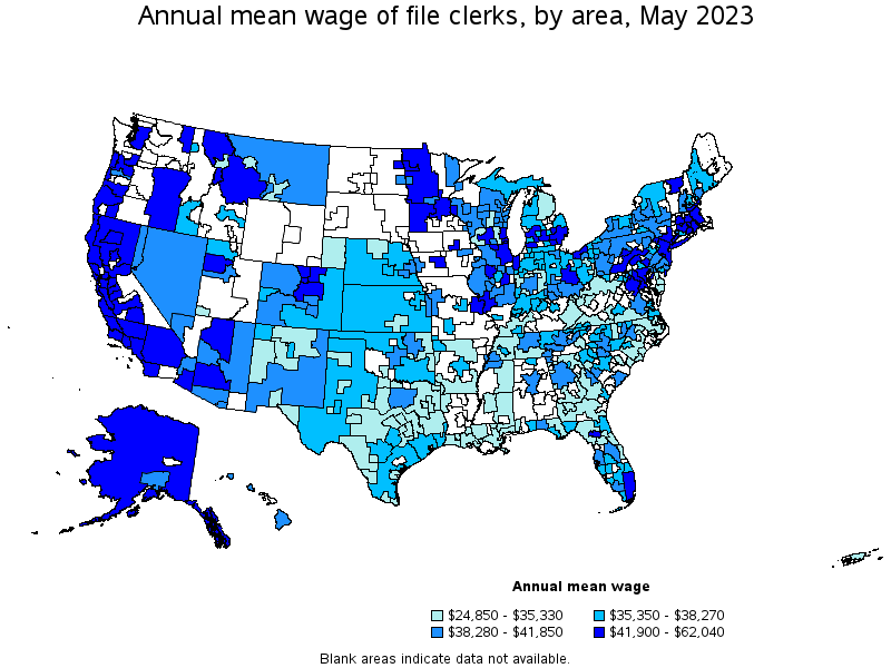 Map of annual mean wages of file clerks by area, May 2023