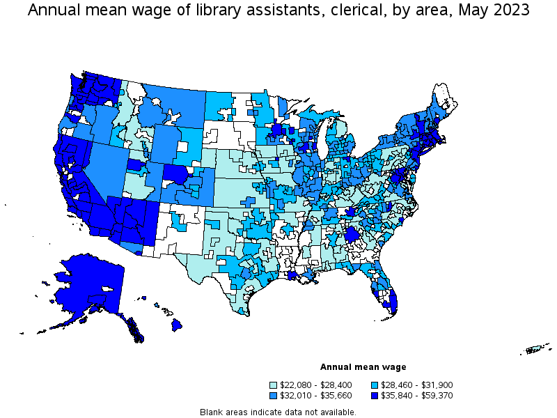 Map of annual mean wages of library assistants, clerical by area, May 2023