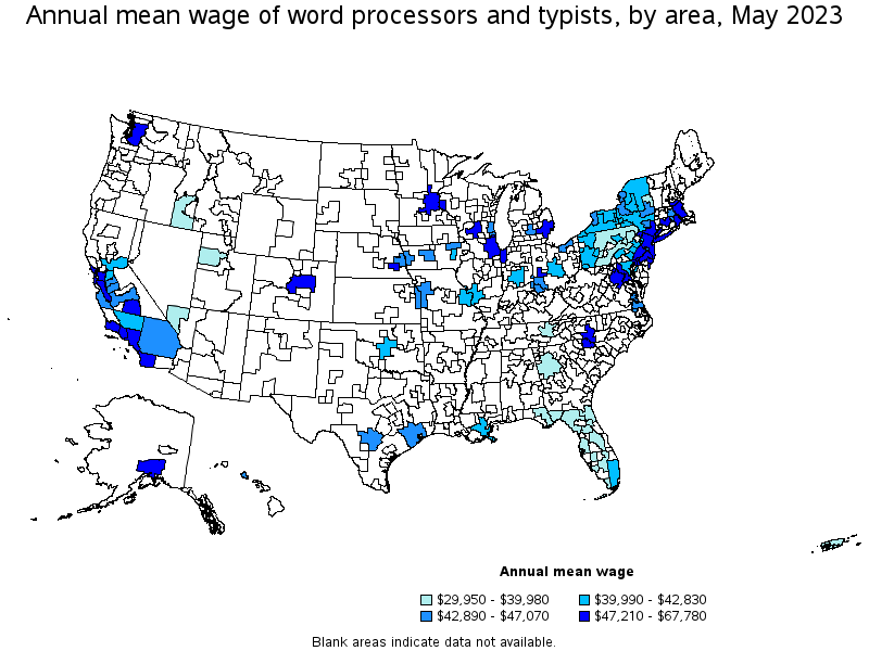 Map of annual mean wages of word processors and typists by area, May 2023