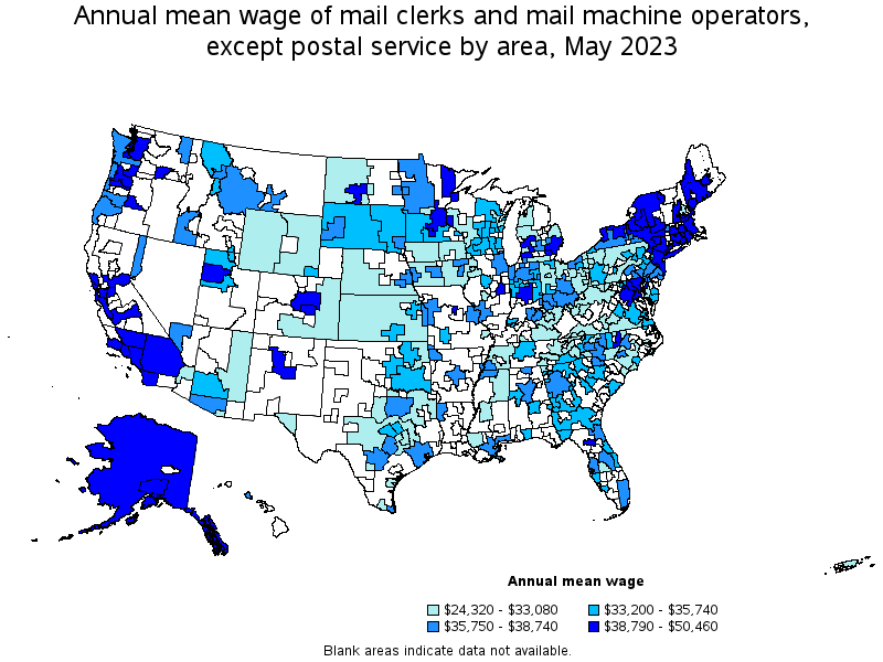 Map of annual mean wages of mail clerks and mail machine operators, except postal service by area, May 2023
