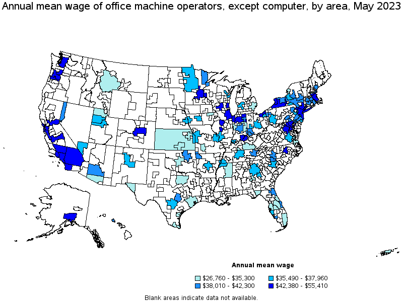 Map of annual mean wages of office machine operators, except computer by area, May 2023