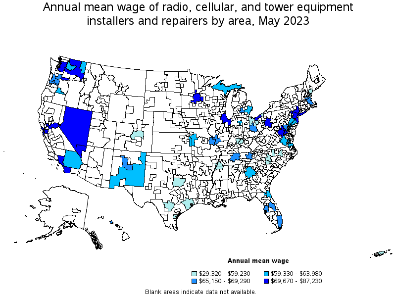 Map of annual mean wages of radio, cellular, and tower equipment installers and repairers by area, May 2023