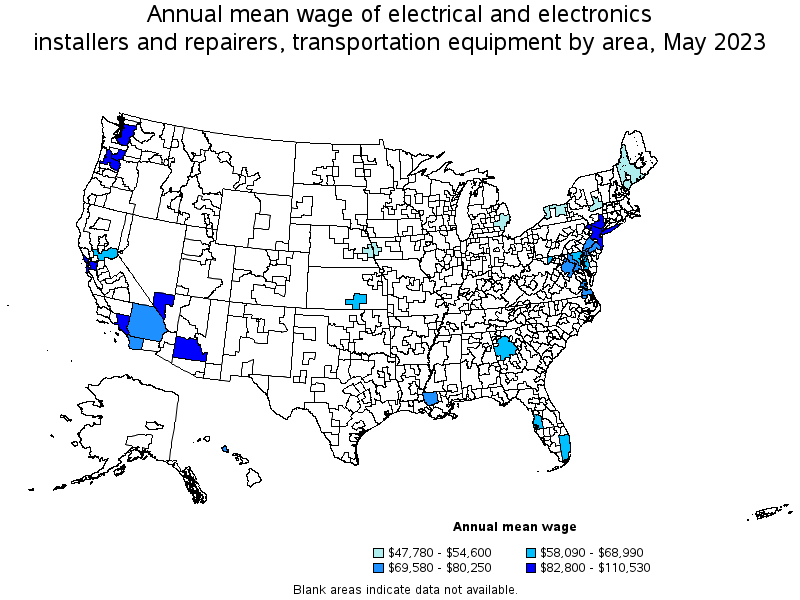 Map of annual mean wages of electrical and electronics installers and repairers, transportation equipment by area, May 2023