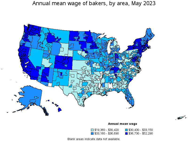 Map of annual mean wages of bakers by area, May 2023