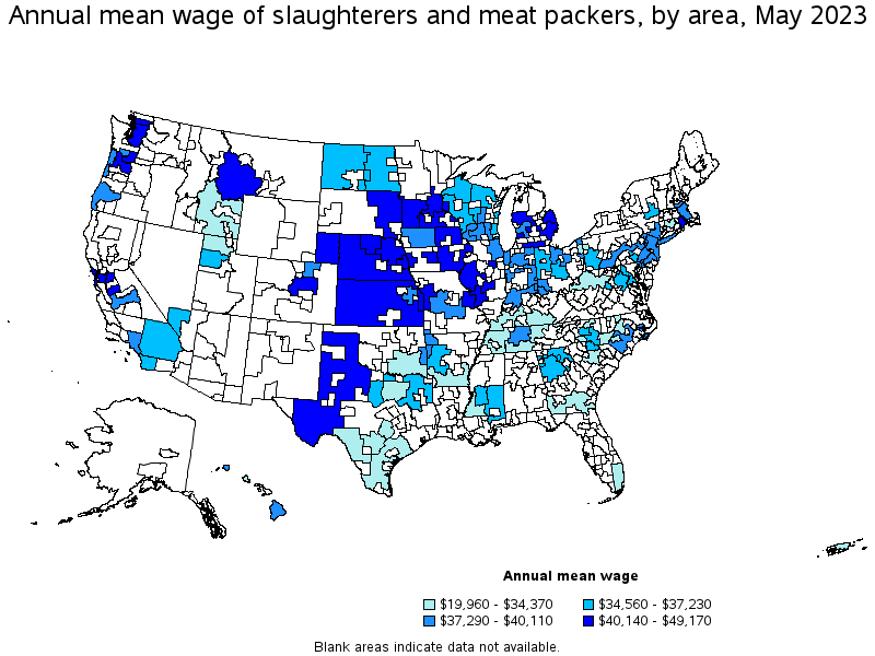 Map of annual mean wages of slaughterers and meat packers by area, May 2023