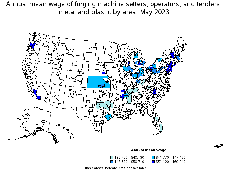 Map of annual mean wages of forging machine setters, operators, and tenders, metal and plastic by area, May 2023