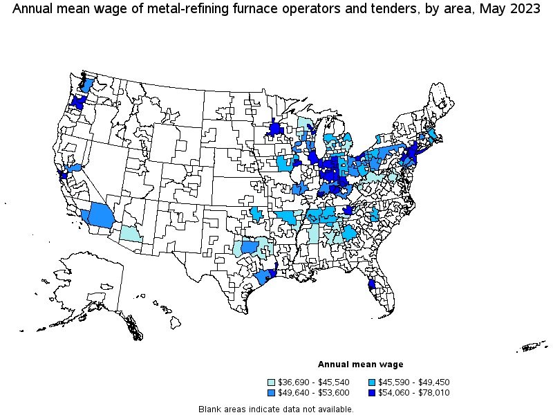 Map of annual mean wages of metal-refining furnace operators and tenders by area, May 2023