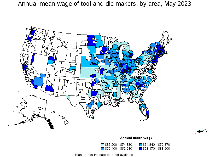 Map of annual mean wages of tool and die makers by area, May 2023
