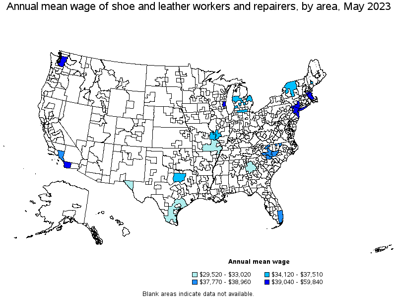 Map of annual mean wages of shoe and leather workers and repairers by area, May 2023