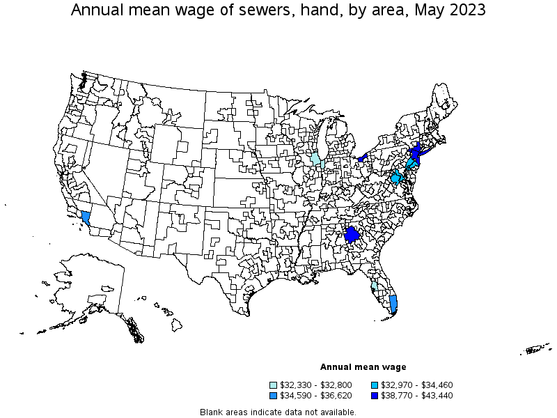 Map of annual mean wages of sewers, hand by area, May 2023