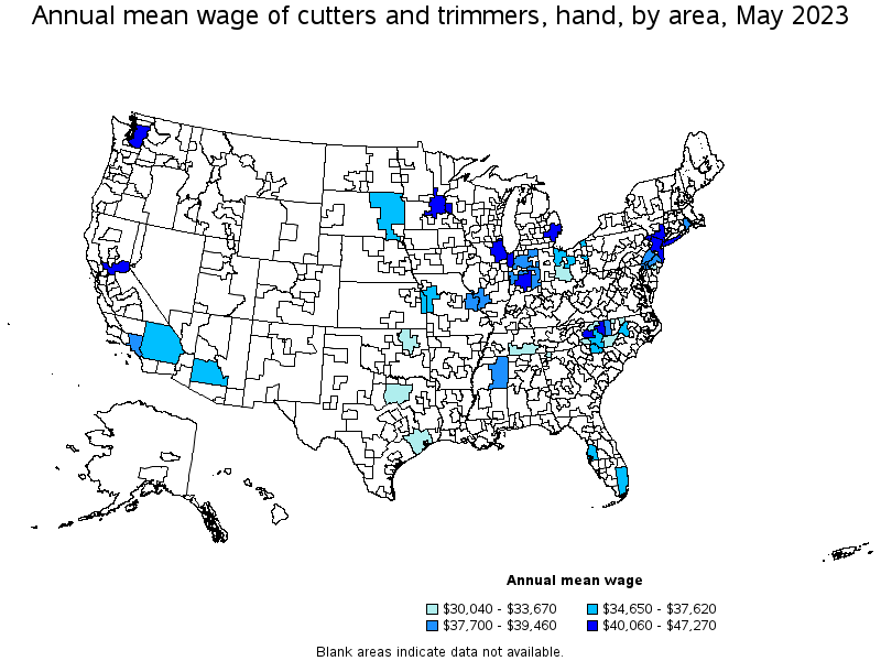 Map of annual mean wages of cutters and trimmers, hand by area, May 2023