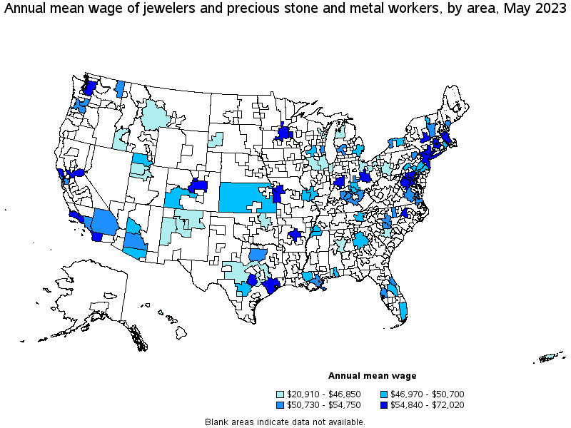 Map of annual mean wages of jewelers and precious stone and metal workers by area, May 2023