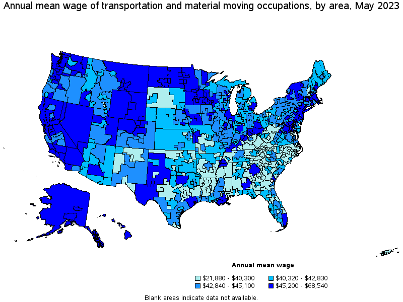 Map of annual mean wages of transportation and material moving occupations by area, May 2023